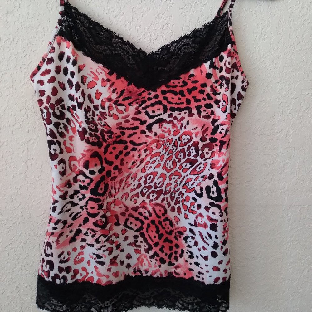 Cache Pink Leopard Print Cami With Black Lace - image 1